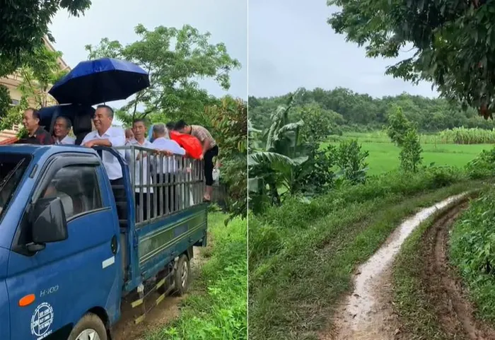 Chiếc xe tải chở quan khách đi qua đoạn đường lầy lội thu hút nhiều ý kiến trái chiều