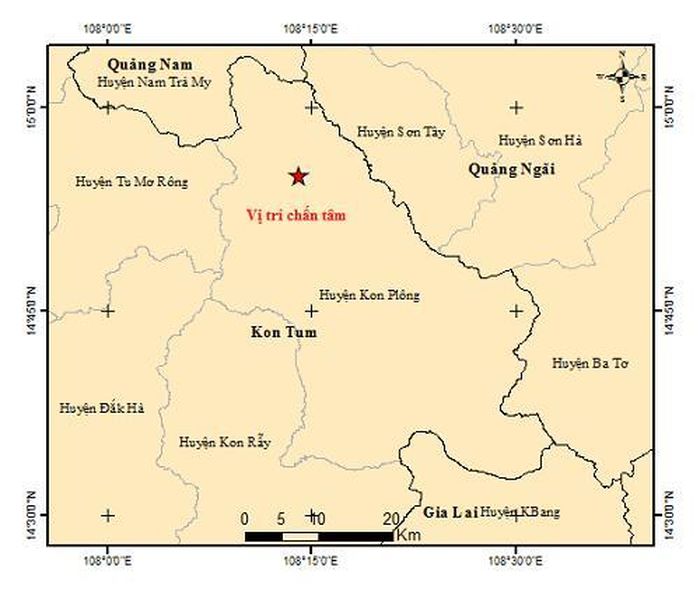 Vị trí xảy ra 6 trận động đất liên tiếp sáng nay ở Kon Tum.