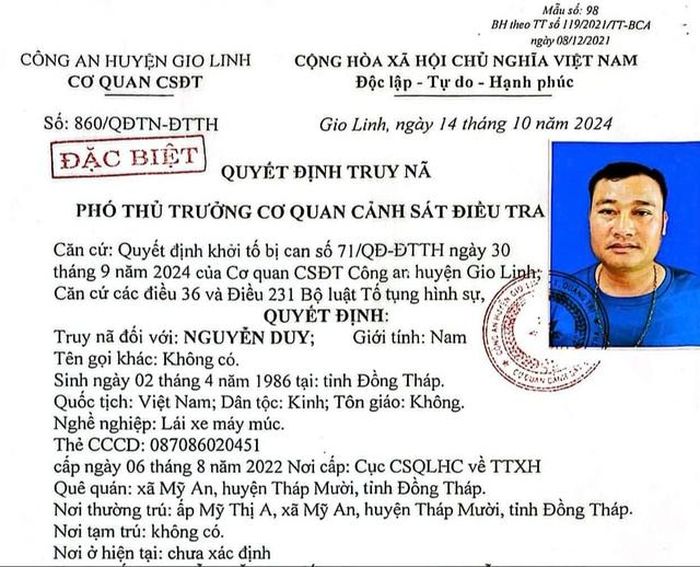 Quyết định truy nã đặc biệt đối tượng Nguyễn Duy