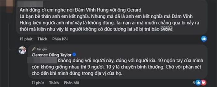 Một số bình luận của Dũng Taylor về vụ việc. Ảnh chụp màn hình