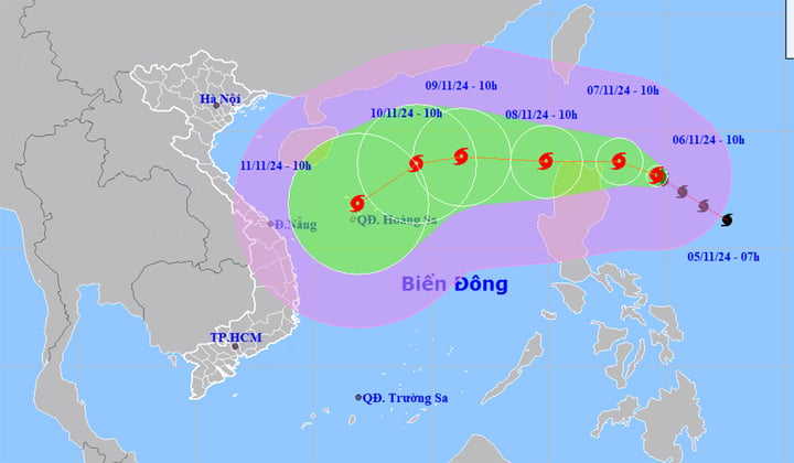 Dự báo đường đi và khu vực ảnh hưởng của bão Yinxing. (Nguồn: NCHMF)